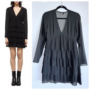 NEW The Kooples Women's Chiffon Long Sleeve Pleated Tiered Mini Dress in Black